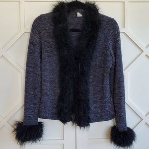 Katie K Faux Fur trim knit cardigan gray Size Large (fits like Medium)